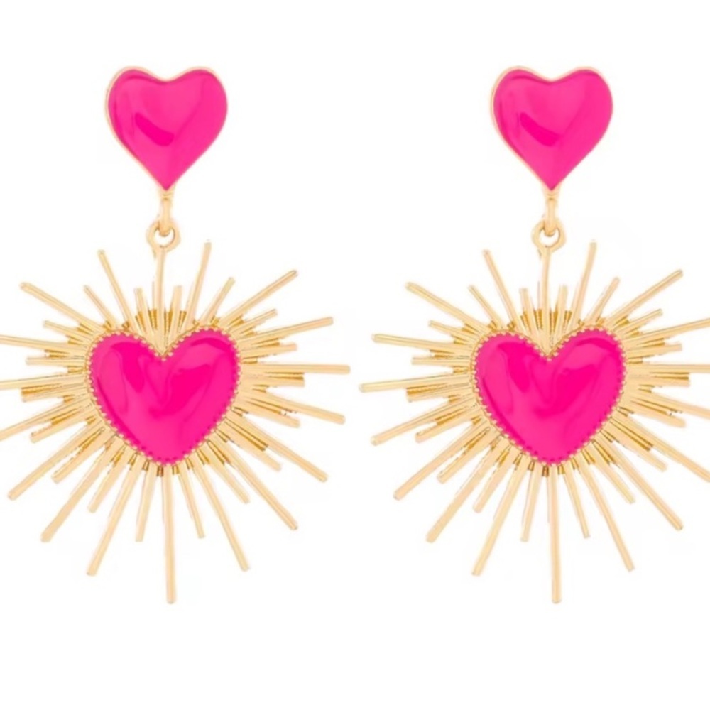 Pink Heart Burst Statement Earrings | Gold Sunray Dangle | Bold Retro Jewelry - Picture 3 of 6